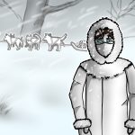 The Phantom Trapper of Labrador Zeichnung von Jeremie Michels. Das Bild zeigt einen in weißes Fell gekleideten Mann mit Kapuze und ab der Nase bedecktem Gesicht. Seine Augen sind stechend blau. Im Hintergrund sieht man einen weißen Schlitten mit vier weißen Hunden, während ein Schneesturm tobt.