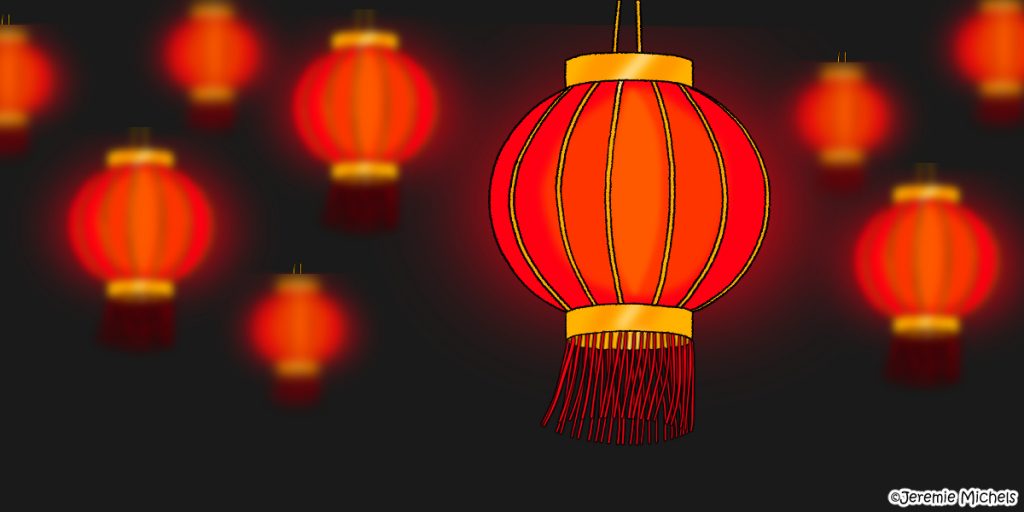 „Ursprung des chinesischen Laternenfestes“-Zeichnung von Jeremie Michels. Das Bild zeigt mehrere rot-goldene Laternen. Im Vordergrund befindet sich eine große Laterne, im Hintergrund mehrere unscharfe Laternen derselben Art.