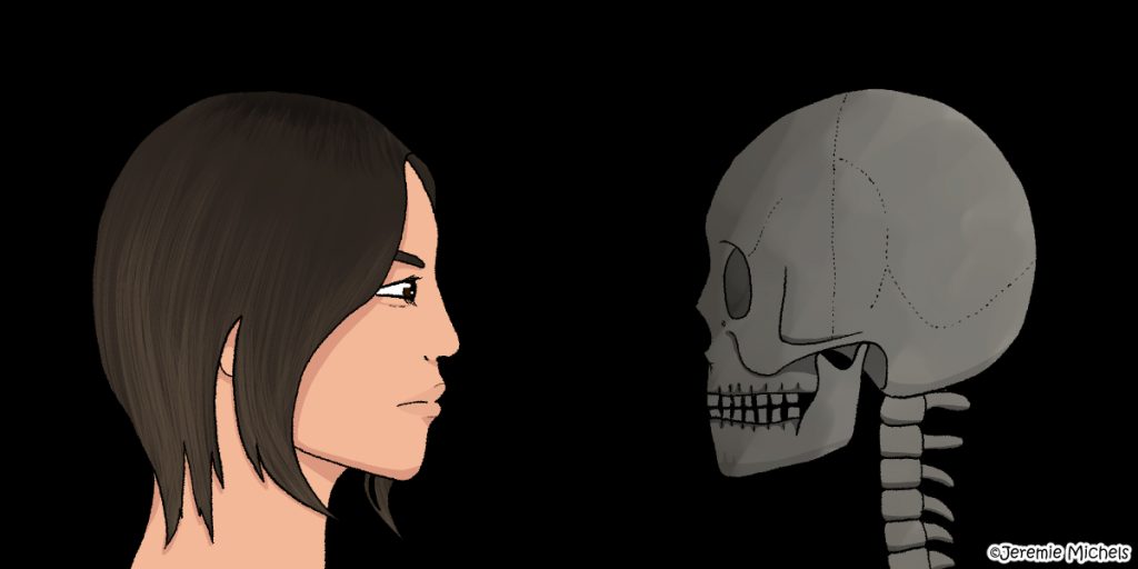 Hone-Onna Zeichnung von Jeremie Michels. Das Bild zeigt auf der rechten Seite einen leicht geschwärzten Skelettschädel und auf der linken Seite eine grimmig guckende Frau mit schmalen Augen und mittellangen braunen Haaren. Sie sehen einander an.