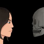 Hone-Onna Zeichnung von Jeremie Michels. Das Bild zeigt auf der rechten Seite einen leicht geschwärzten Skelettschädel und auf der linken Seite eine grimmig guckende Frau mit schmalen Augen und mittellangen braunen Haaren. Sie sehen einander an.