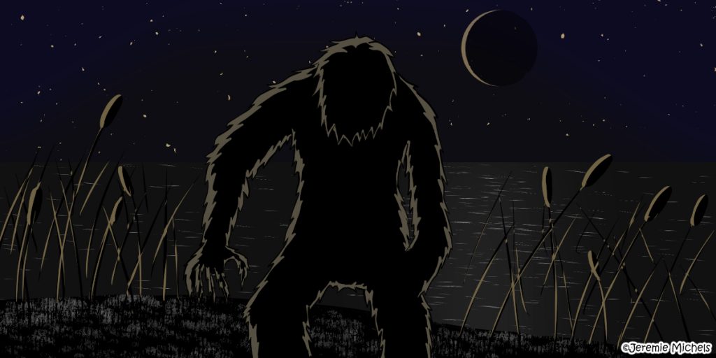 The Lake Worth Monster Zeichnung von Jeremie Michels. Das Bild zeigt die Silhouette eines haarigen Monsters, das vor einem See mit Schilf steht.