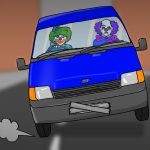 Killer Clowns in Transit Vans Zeichnung von Jeremie Michels. Das Bild zeigt einen blauen Ford Transit, in dem zwei Clowns mit neutralen Gesichtsausdrücken sitzen. Er ist schwungvoll um eine Kurve gefahren, weshalb er gerade nur auf zwei Rädern fährt. Das Nummernschild ist mit Klebeband zugeklebt. Im Hintergrund befinden sich verschwommene Gebäude.